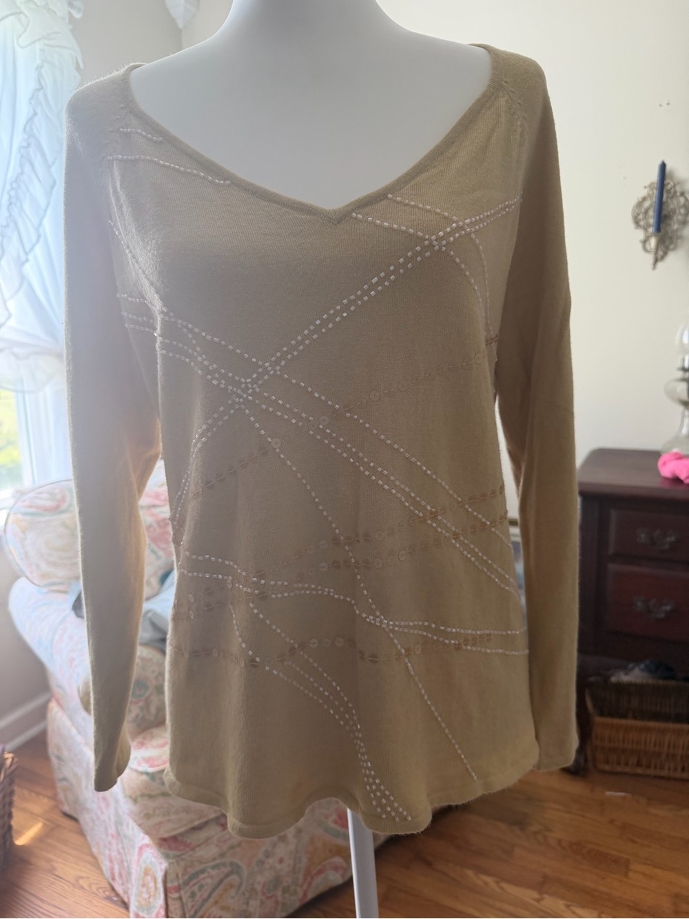 Pierre Cardin V-Neck Embellished Long-Sleeve Top - Tan
